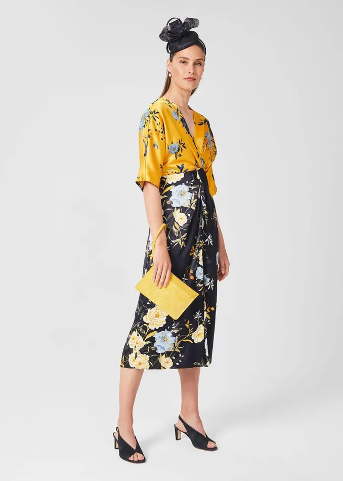Womens Farrah Satin Floral Midi Dress Navy Yellow Hobbs Dresses On Sale