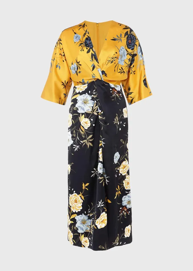 Womens Farrah Satin Floral Midi Dress Navy Yellow Hobbs Dresses On Sale