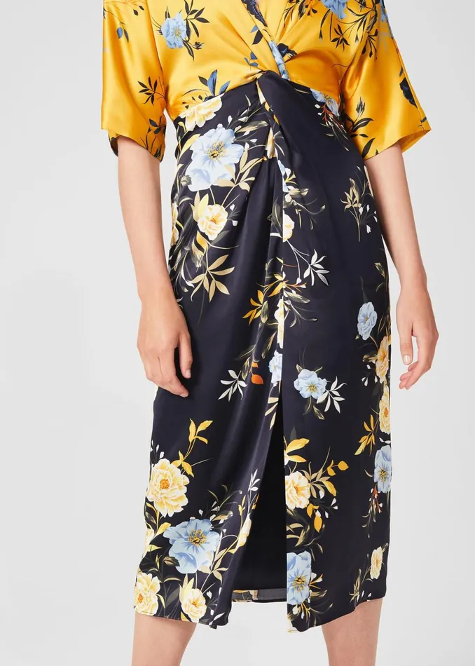 Womens Farrah Satin Floral Midi Dress Navy Yellow Hobbs Dresses On Sale