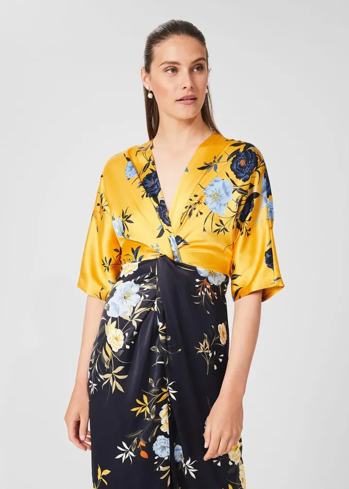 Womens Farrah Satin Floral Midi Dress Navy Yellow Hobbs Dresses On Sale