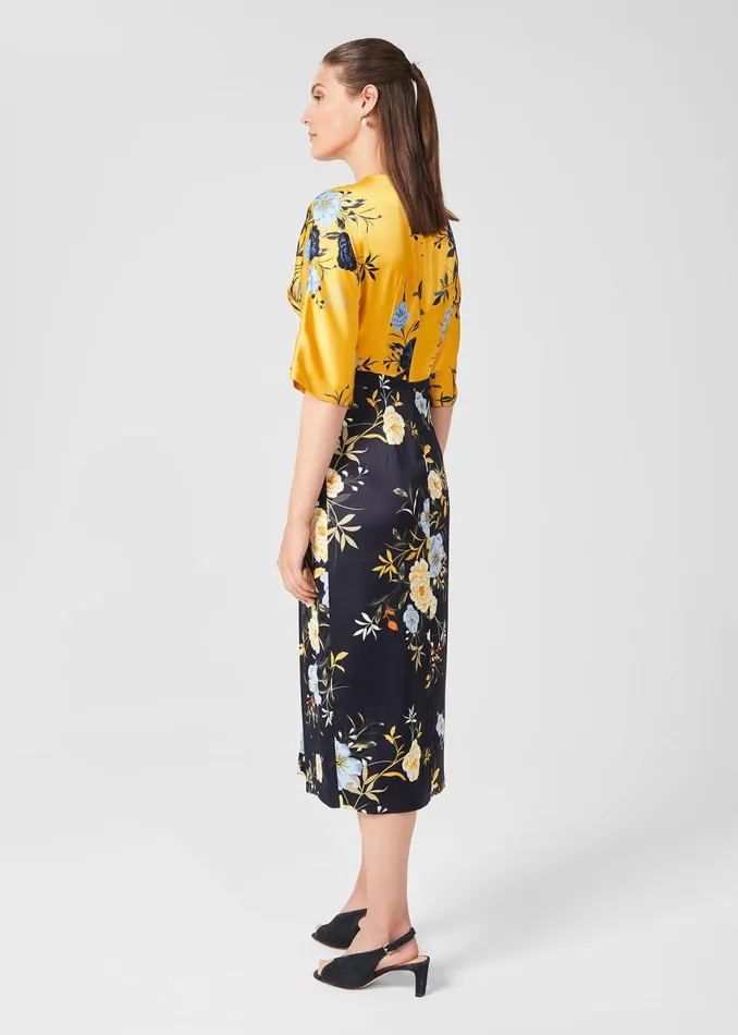 Womens Farrah Satin Floral Midi Dress Navy Yellow Hobbs Dresses On Sale