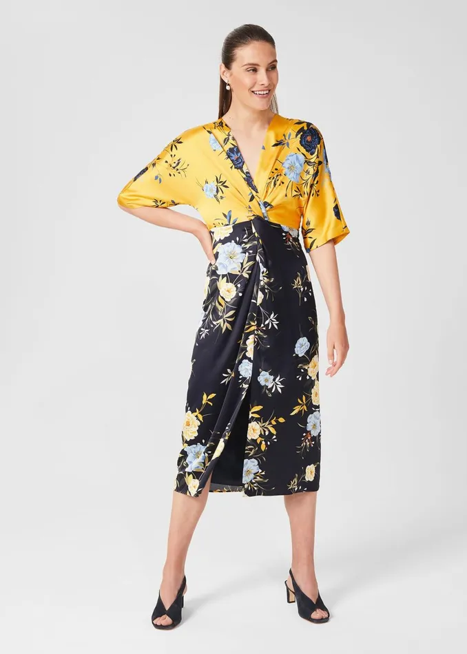 Womens Farrah Satin Floral Midi Dress Navy Yellow Hobbs Dresses On Sale