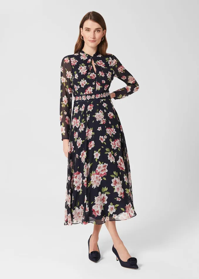 Womens Helena Silk Floral Midi Dress Navy Multi Hobbs Dresses Online