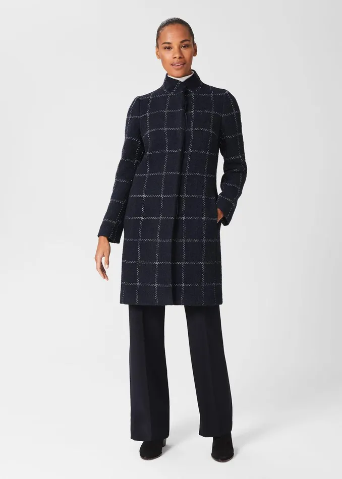 Womens Lisa Wool Blend Check Coat Navy Ivory Hobbs Coats and Jackets Popular