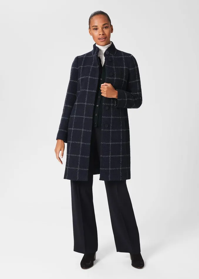 Womens Lisa Wool Blend Check Coat Navy Ivory Hobbs Coats and Jackets Popular