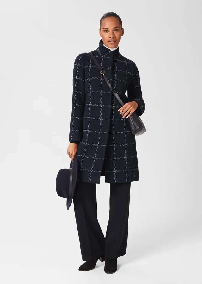 Womens Lisa Wool Blend Check Coat Navy Ivory Hobbs Coats and Jackets Popular