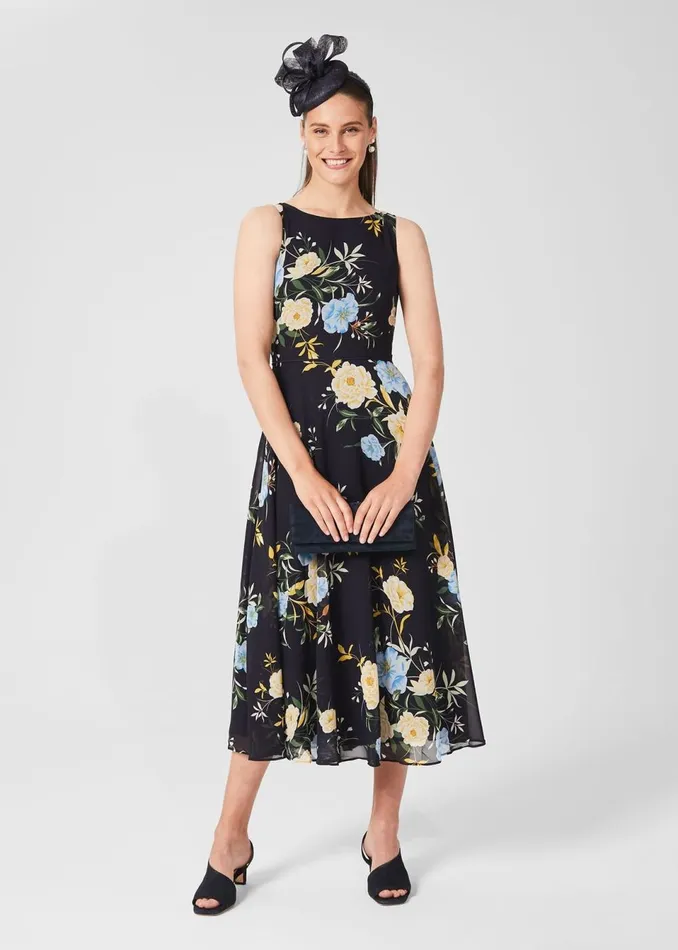 Womens Petite Carly Floral Midi Dress Navy Yellow Hobbs Dresses Gift 4 You