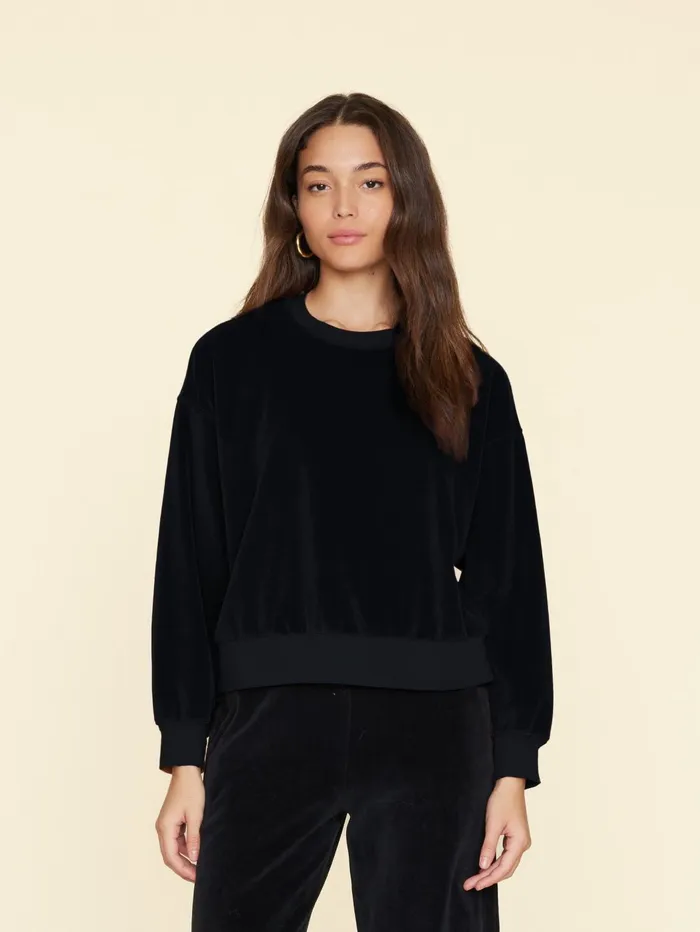 XRENA Black Huxley Velour Sweatshirt Women Sweats and Tees