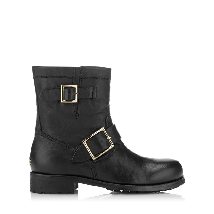 Youth Black Leather Biker Boots With Gold Buckles Black Women JIMMY CHOO Boots Youth Black Leather Biker Boots With Gold Buckles Black Women JIMMY CHOO Boots