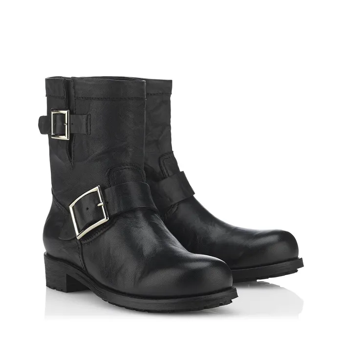 Youth Black Leather Biker Boots With Gold Buckles Black Women JIMMY CHOO Boots