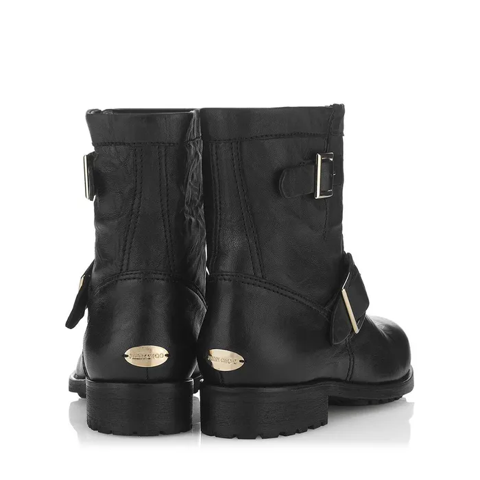 Youth Black Leather Biker Boots With Gold Buckles Black Women JIMMY CHOO Boots