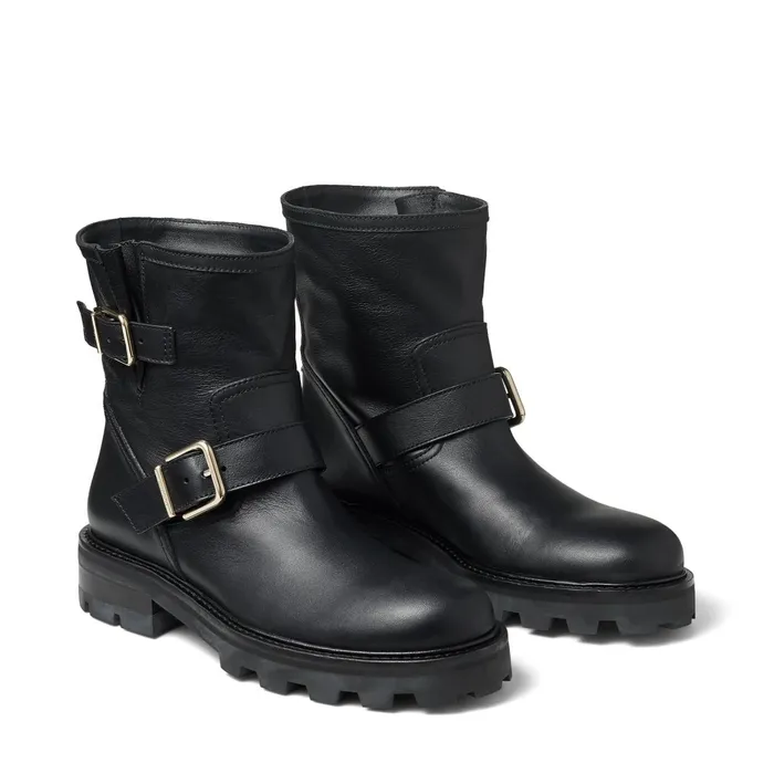 Youth Ii Black Smooth Leather Biker Boots With Gold Buckles Black Women JIMMY CHOO Boots