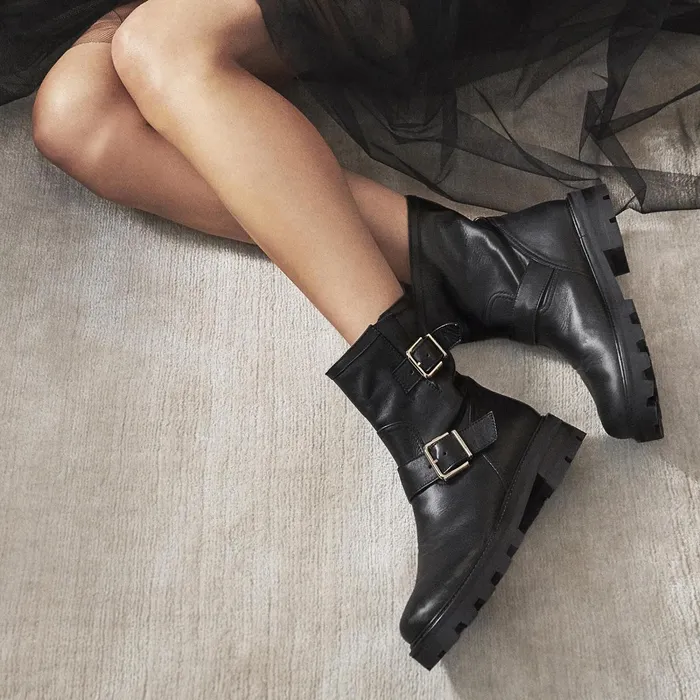 Youth Ii Black Smooth Leather Biker Boots With Gold Buckles Black Women JIMMY CHOO Boots
