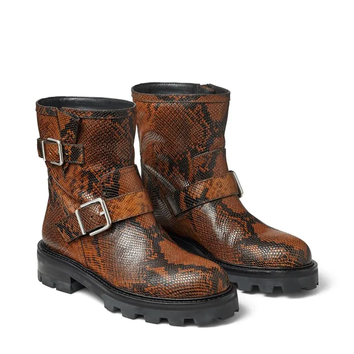 Youth Ii Cuoio Snake Printed Leather Biker Boots With Silver Buckles Cuoio Women JIMMY CHOO Boots